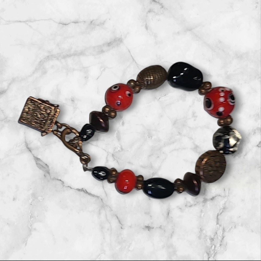 Red Black & Copper Color Bumpy Lampwork Art Glass Prayer Box‎ Bracelet 7.5"
